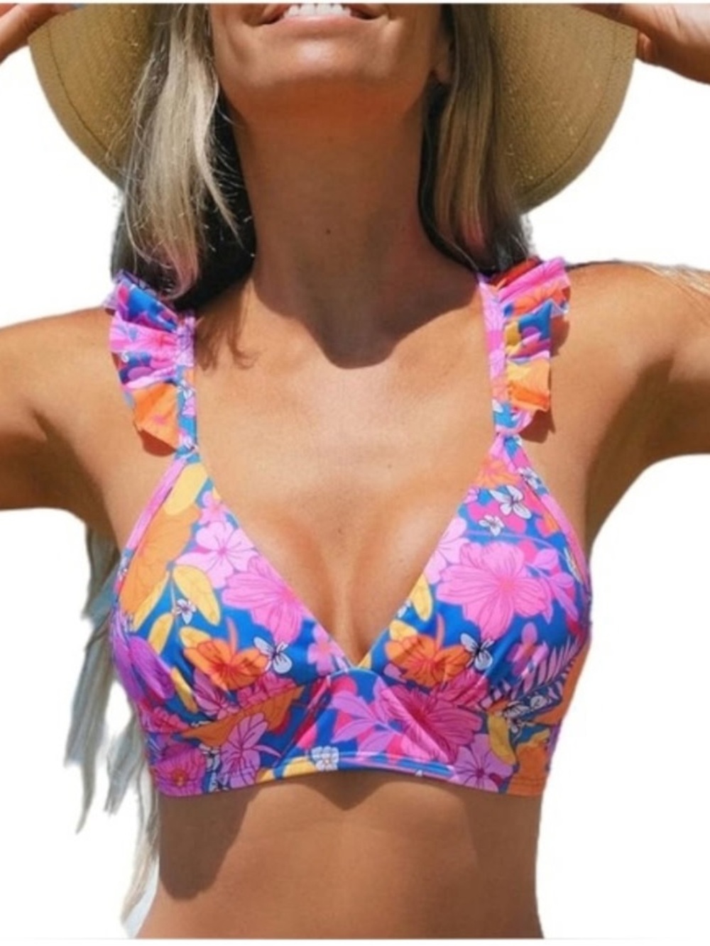Cupshe Floral Bikini Top in Blue, Orange, Pink - Picture 4 of 4